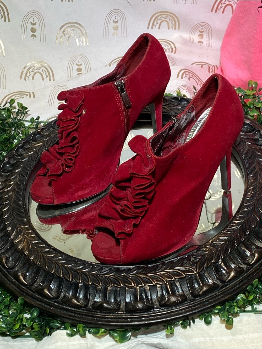 Women’s Red Suede Ruffle Peep-Toe High Heel Booties